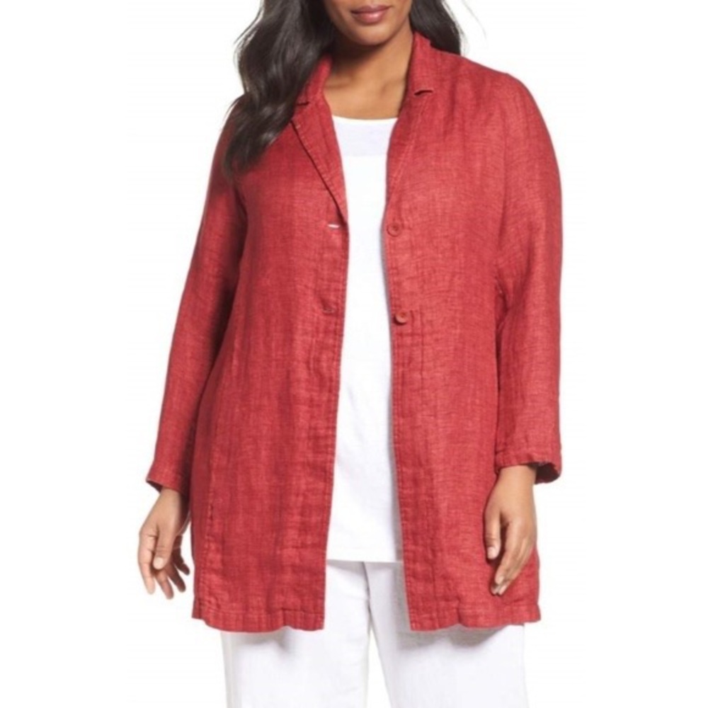 Eileen Fisher 100% organic linen red notch collar longline jacket. ❤️